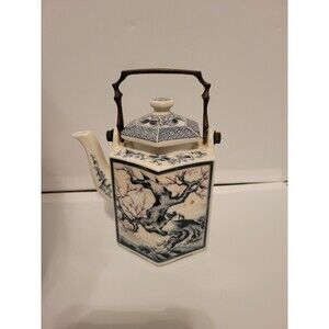 Asian Dolphin China Dynasty Blue Hexagonal Porcelain Teapot with Brass Handle